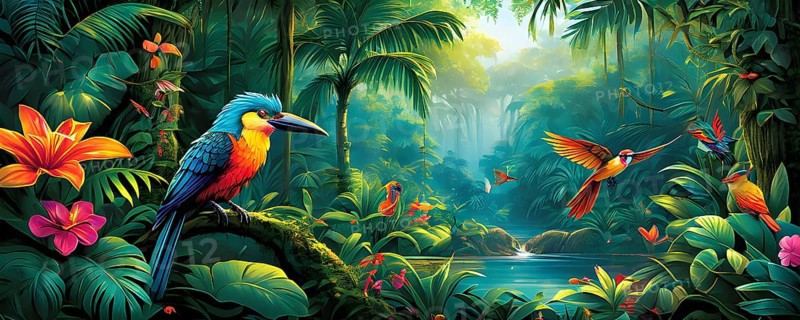 AI generated illustration of an enchanted fairy tale jungle inhabited by magical fantasy animals in vibrant colors