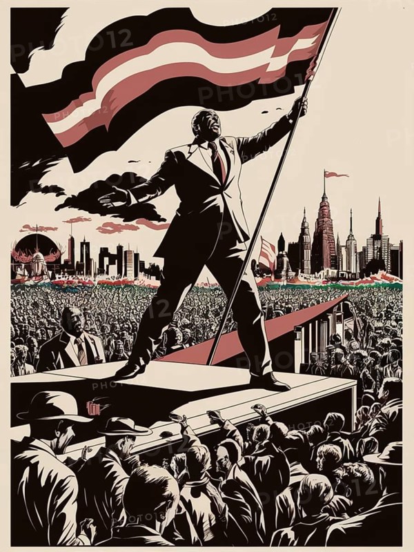 A leader raises a flag and addresses a crowd with a cityscape backdrop, emphasizing patriotism and leadership, ai generated, AI generated