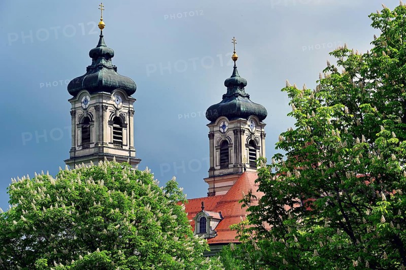 The church towers of the Basilica of St Alexander and St Theodor, Ottobeuren Monastery, Allgaeu, Swabia, Bavaria, Germany, Europe