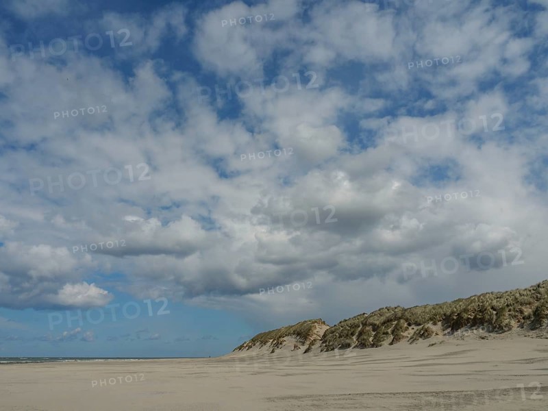 Spacious beach with cloudy sky, view of sand dunes along the coastline, beach and dunes with grass and a bench by the sea, nes, ameland, the netherlands