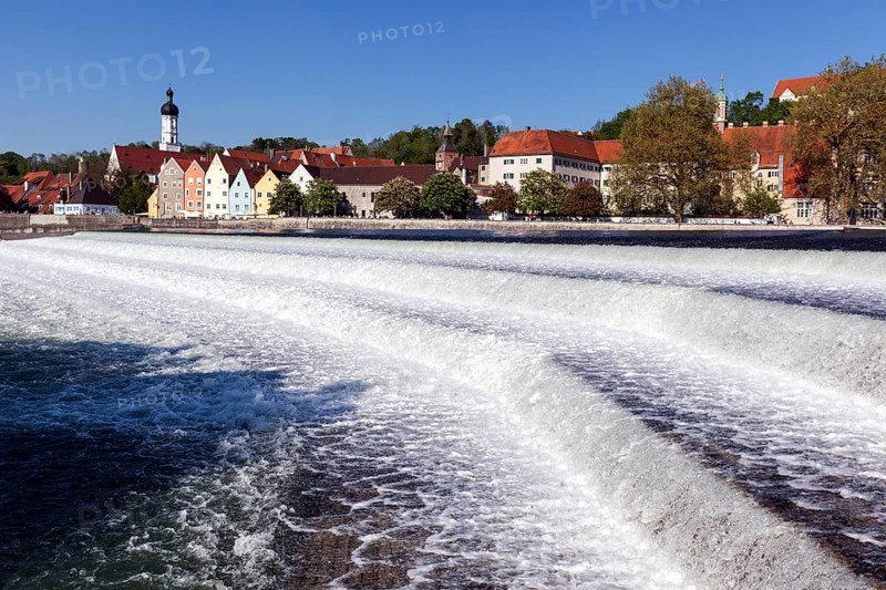 Historic old town centre of Landsberg am Lech, in front of the Lech weir, Upper Bavaria, Bavaria, Germany, Europe