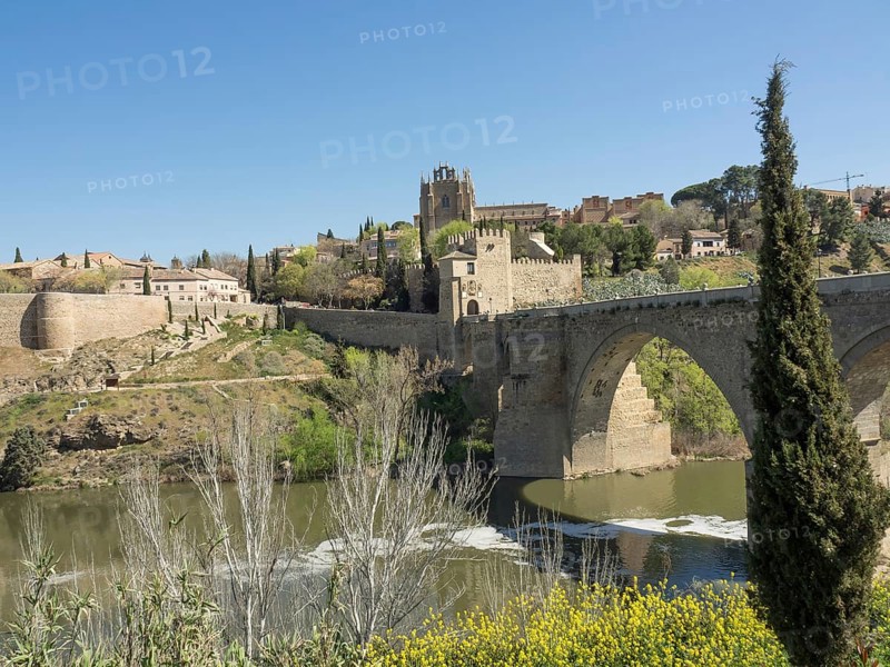 Stone bridge with arches over a river, surrounded by urban landscape and vegetation, sunny weather, historic stone bridge with an old tower and an old town in the background over a wild river, Toledo, Spain, Europe