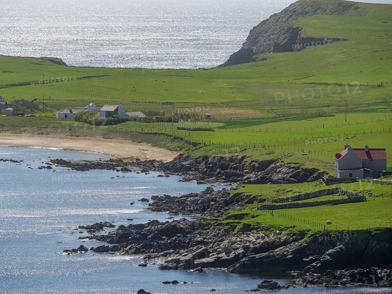 Coastal scene with green hills and a single house by the sea, green meadows by a deep blue sea and a rocky coastline with single houses, lerwick, shetland, Scotland, United Kingdom, Europe