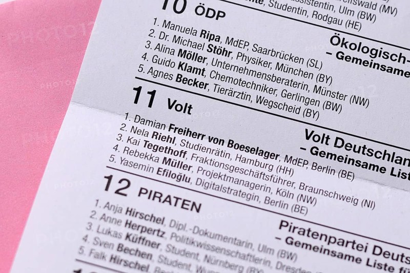 Germany, May 2024: German ballot paper for Elections to the European Parliament with clos eup of 'Volt' party, Europe