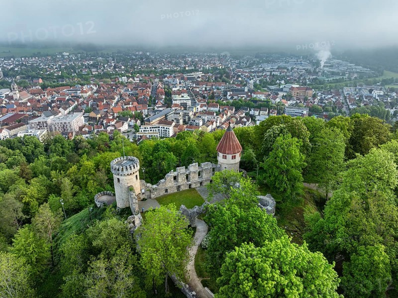 Aerial view of the Honburg castle ruins on the Honberg with the town of Tuttlingen, district of Tuttlingen, Black Forest, Baar, Heuberg, Baden-Wuerttemberg, Germany, Europe