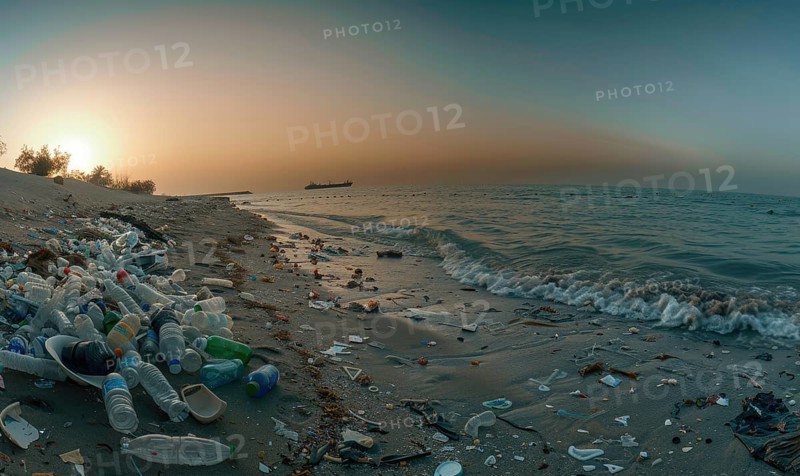 Beach littered with plastic bottles and garbage, ecological problems AI generated