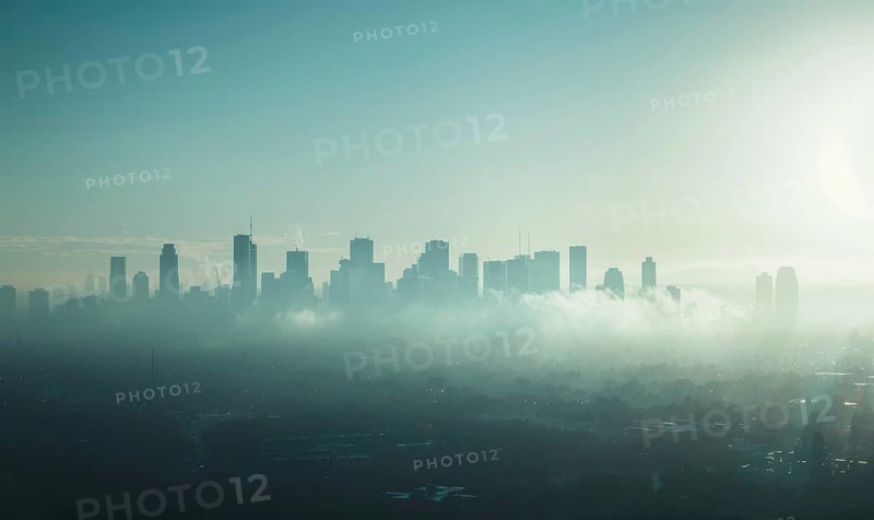 A city skyline obscured by thick smog, Industrial AI generated