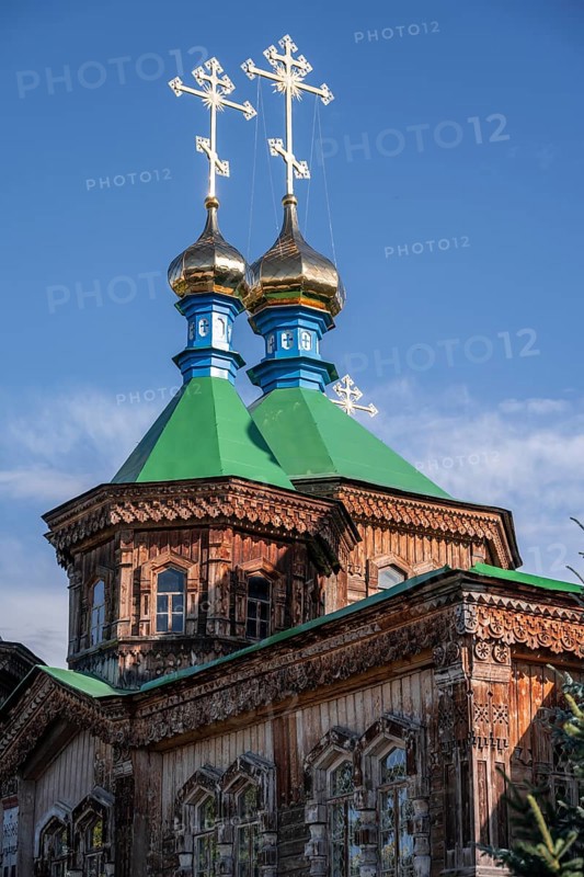 Russian Orthodox Church Cathedral of the Holy Trinity, wooden church with green spires, Karakol, Kyrgyzstan, Asia
