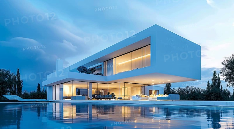Exterior of private house luxury villa. Modern architecture real estate with swimming pool, AI generated