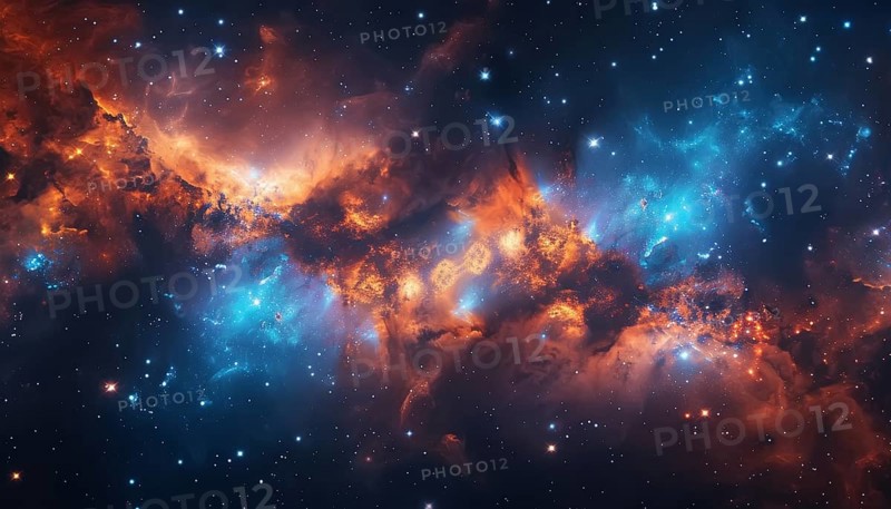 A mesmerizing deep space nebula with swirling clouds of stars and cosmic dust in blue and orange hues, AI Generated, AI generated