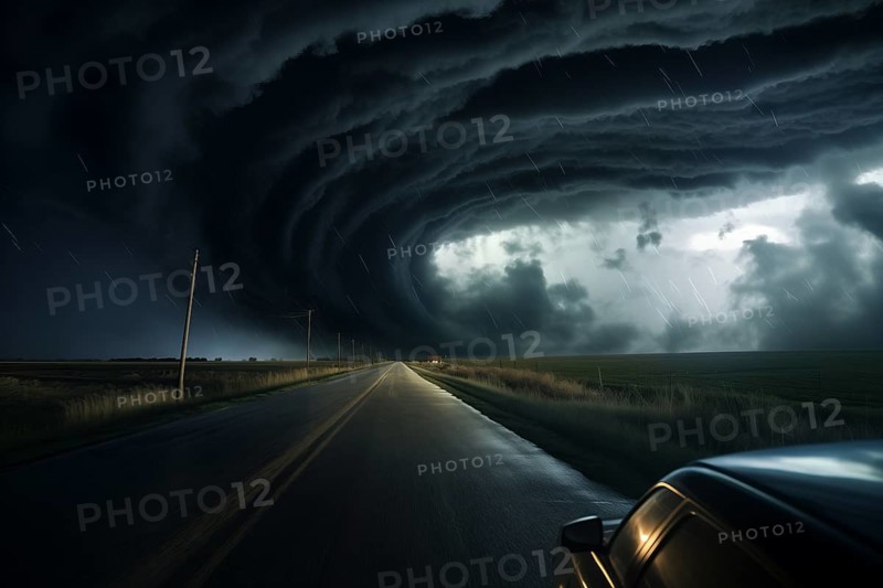 Disaster catastrophe storm concept, tornado in a field in the USA with car on road driving towards the storm in field under stormy dark sky, AI generated