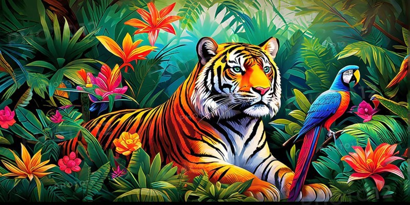 AI generated illustration of an enchanted fairy tale jungle inhabited by magical fantasy animals in vibrant colors