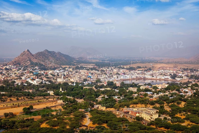 Holy city Pushkar aerial view from Savitri temple. Rajasthan, India, Asia