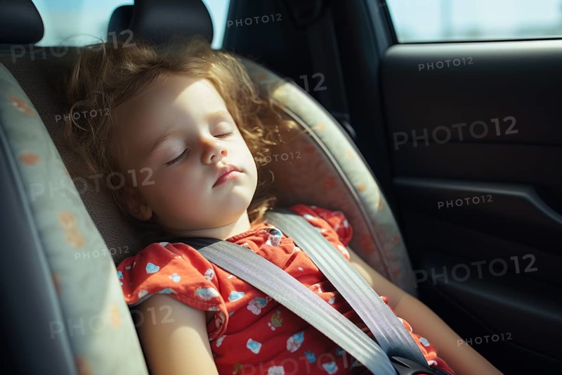 Young child sleeping in car. AI generated