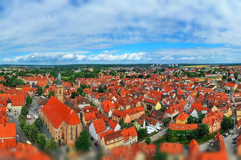 Aerial view of the historic old town of Schwabach with a view of the town church of St John and St Martin. Schwabach, Middle Franconia, Bavaria, Germany, Europe