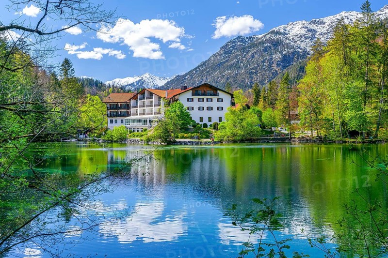 Spring at Lake Badersee with Hotel am Badersee, Zugspitzdorf Grainau, Werdenfelser Land, Bavarian Alps, Upper Bavaria, Bavaria, Germany, Europe