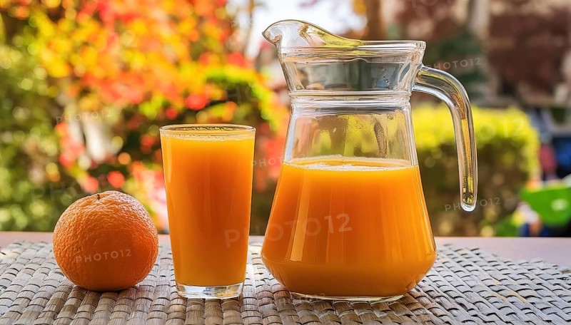 A glass of orange juice and a carafe of oranges on an outdoor table, autumnal colours, AI generated, AI generated