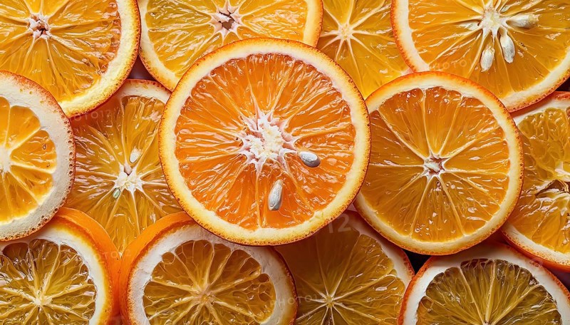 Close-up of sliced oranges with visible seeds showing juicy texture and details of the fruit, AI generated, AI generated