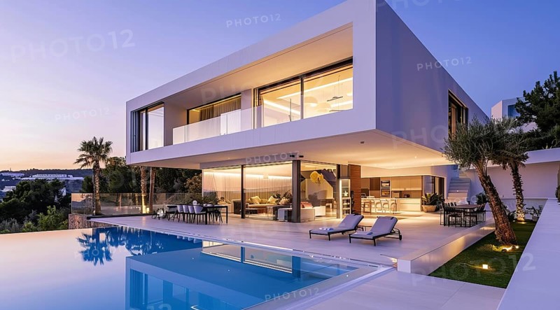Exterior of private house luxury villa. Modern architecture real estate with swimming pool, AI generated