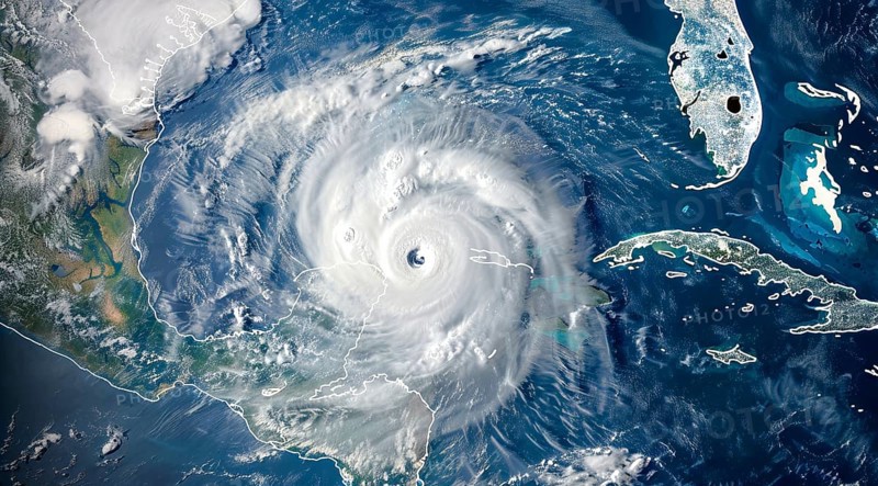 A hurricane is spinning in the ocean. Damage and devastations caused by hurricanes and climate change, AI generated