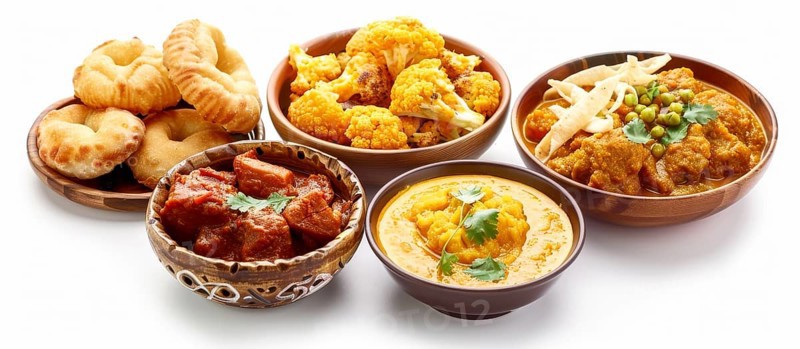 A variety of Indian curries with cauliflower and naan, presented in traditional pottery, displaying rich colors, AI generated