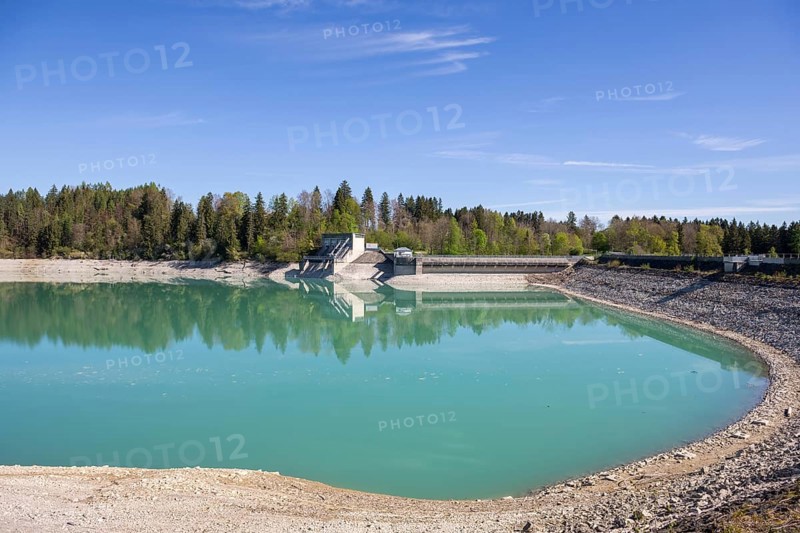 Lech barrage at Forggensee, Lech, power station, head reservoir, flood protection, flood regulation, energy generation, energy storage, Rosshaupten, Ostallgaeu, Allgaeu, Bavaria, Germany, Europe