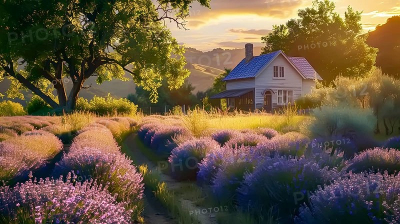 A quaint cottage by a vast lavender field under a golden sunset, exuding peace, AI generated