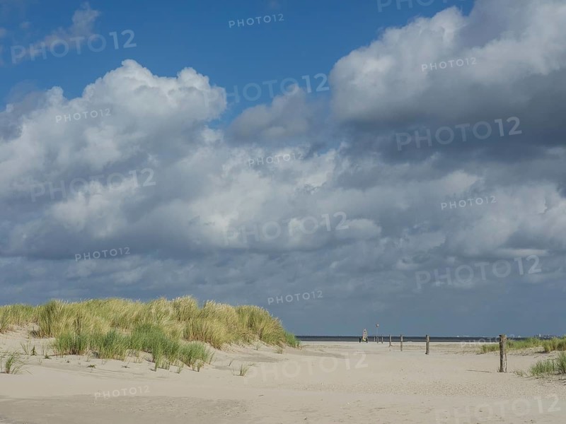Sand dunes with grass and a wide view of the sea under a cloudy sky, lonely beach with dune grass in the neighbouring dune and marker posts, clouds play in the sky, Spiekeroog, Germany, Europe