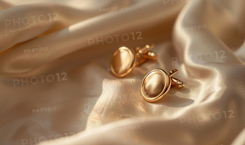 A pair of gold cufflinks arranged on a smooth satin material background AI generated