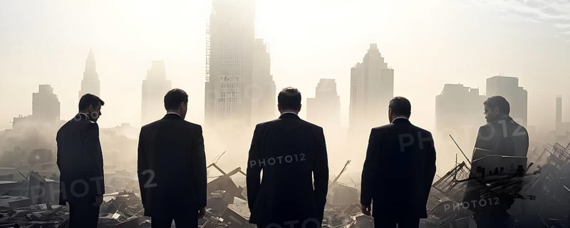 Silhouette of a group of businessman against a backdrop double exposure that reveals a destroyed cityscape, AI generated