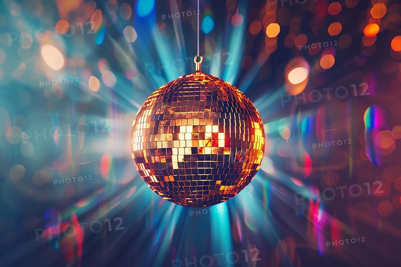 A disco ball is suspended from the ceiling at party in nightclub, reflecting the lights and creating a festive atmosphere, AI generated