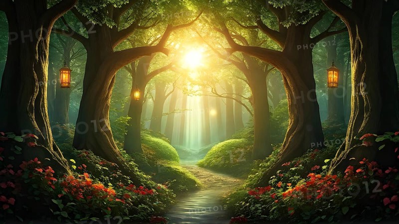 AI generated enchanted forest illustration intertwining trees aglow with magical light