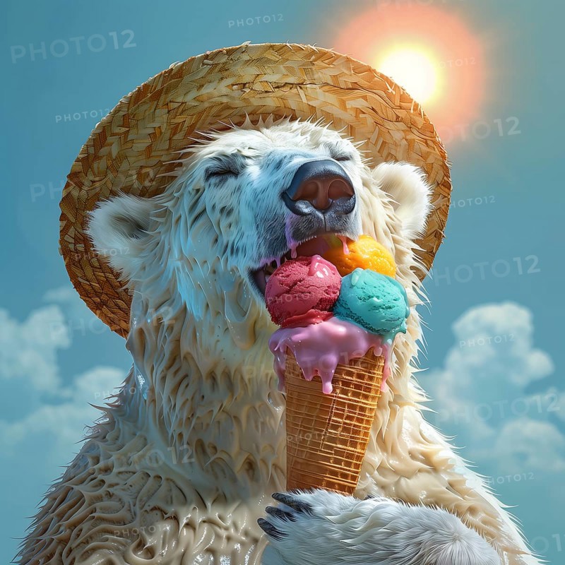 A polar bear enjoys a multicoloured ice cream under the sun with a straw hat, while the sky is blue and cloudy, symbolic image about climate change, climate catastrophe, climate protection, AI generated
