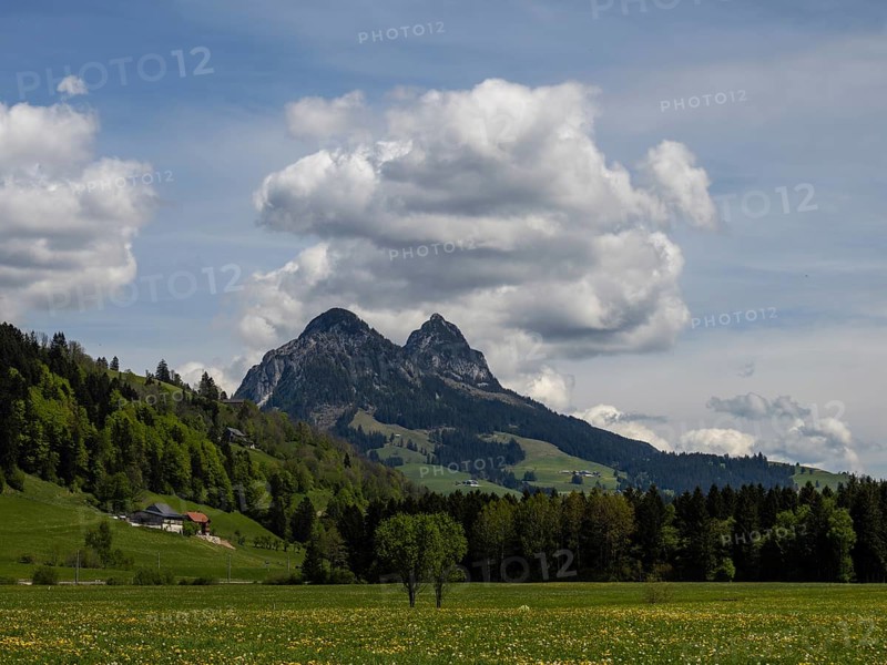Cloudy mood over a mountain peak, near Bad Mitterndorf, Styria, Austria, Europe