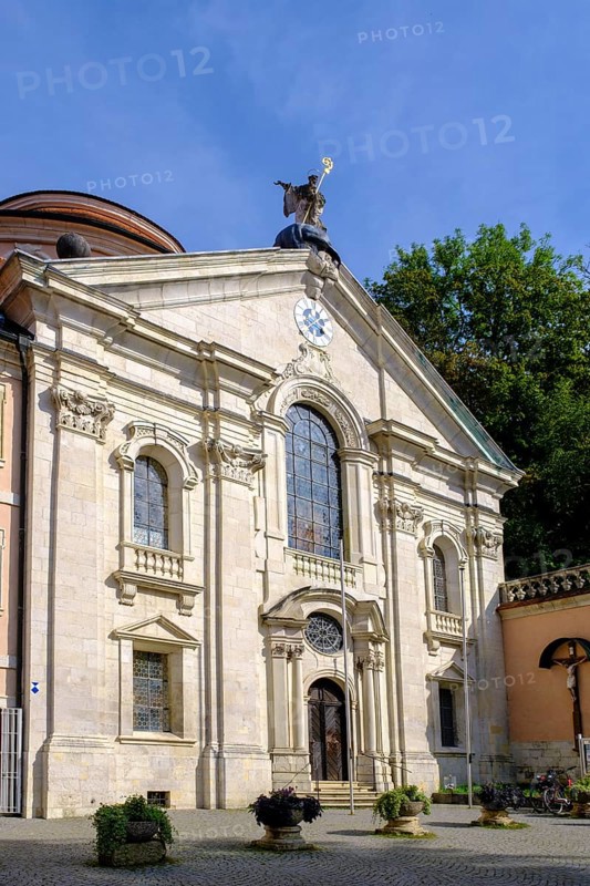 Church facade, Weltenburg Benedictine Abbey, Lower Bavaria. Bavaria, Germany, Europe