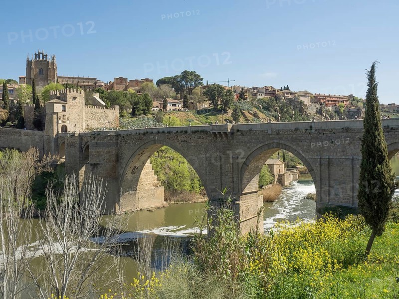 Historic stone bridge with arches over a river, surrounded by church, vegetation and cityscape, sunny weather, historic stone bridge with an old tower and an old town in the background over a wild river, Toledo, Spain, Europe