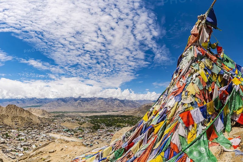 Panorama from Tsenmo hill over Leh and the Indus valley to Stok Kangri, 6153m, Ladakh, Jammu and Kashmir, India, Asia