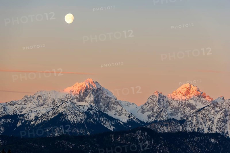 Allgaeu Alps, view from Hegratsrieder See, snow, dawn, moon, Allgaeu, Bavaria, Germany, Europe