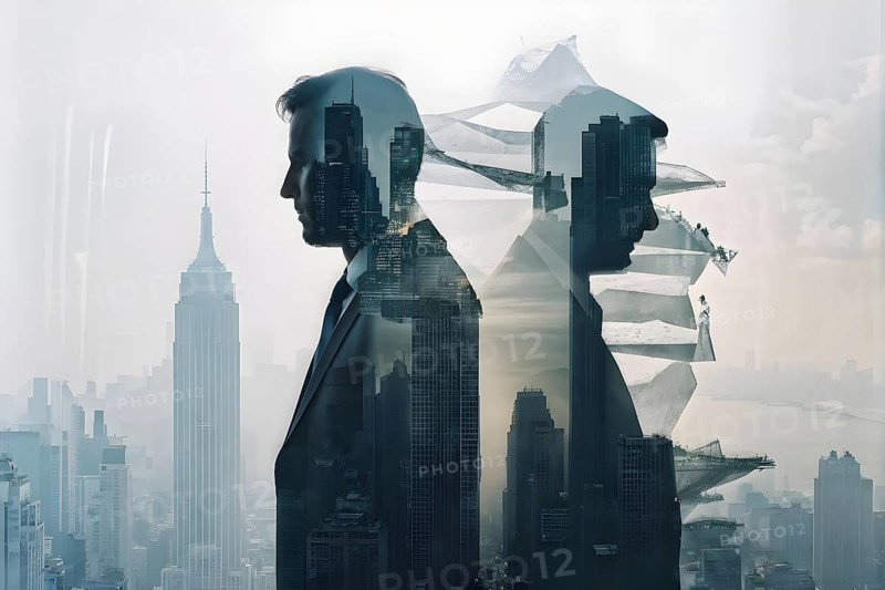 Silhouette of two businessman against a backdrop double exposure that reveals a destroyed cityscape, AI generated