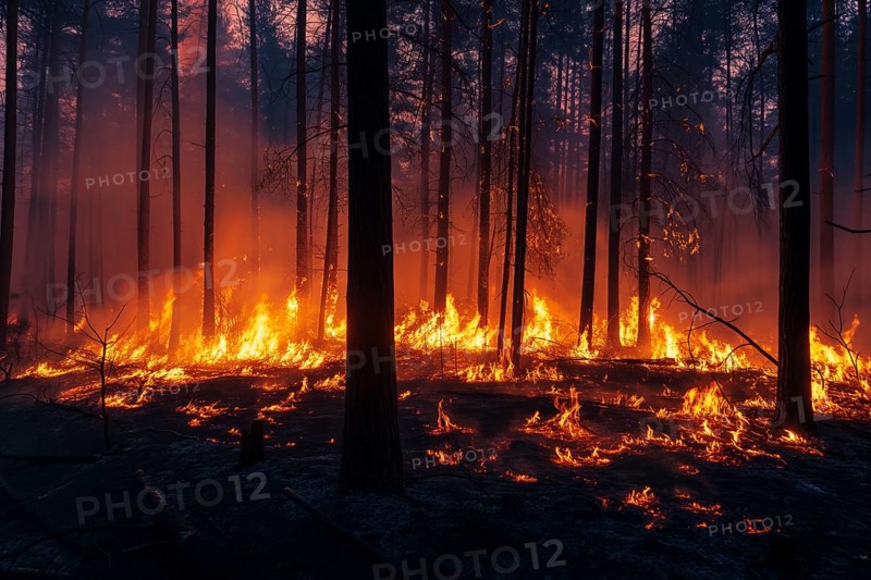 A forest wildfire is raging through a wooded area. Trees are on fire and flames are spreading quickly. Air is thick with smoke, AI generated