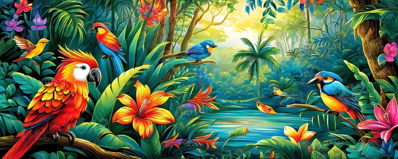 AI generated illustration of an enchanted fairy tale jungle inhabited by magical fantasy animals in vibrant colors