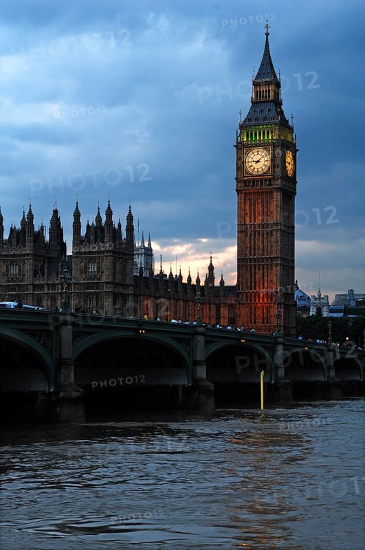 Big Ben with Westminster Hall at dusk in front of Westminster Bridge with the River Thames, London England, Great Britain