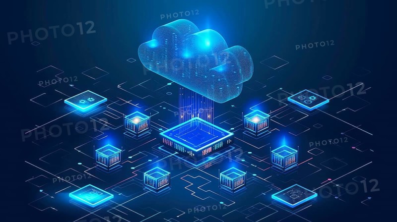 Futuristic visualization of cloud computing with neon circuitry and floating cubes, AI generated