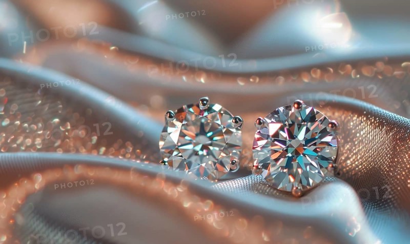 A pair of sparkling diamond earrings arranged on a sleek satin material background AI generated