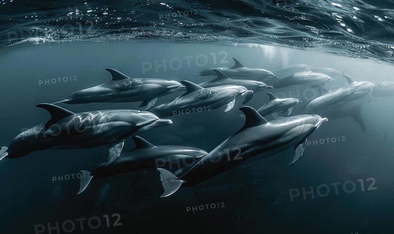 A pod of dolphins riding alongside a migrating blue whale AI generated