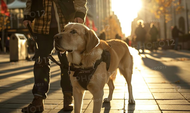 A guide dog leading its owner along a suburban sidewalk AI generated