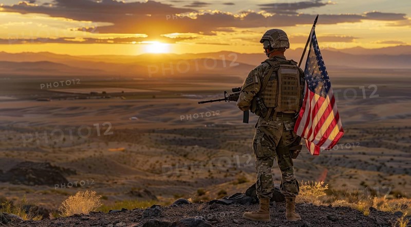 American patriot soldier stand in front of the flag. Concept of fighting for freedom and democracy, AI generated