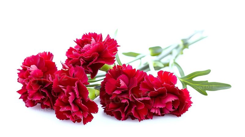 Red carnations lying down with stems and greenery on a white background in a horizontal layout, AI generated