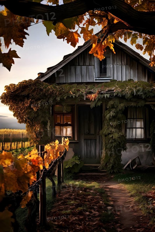 Rustic vineyard cottage nestled in a canopy of vines leaves showcasing autumns color palette in the golden hour, AI generated