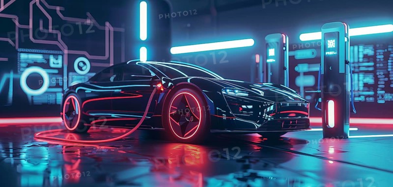Electric car charging the battery from the electric charger, AI generated